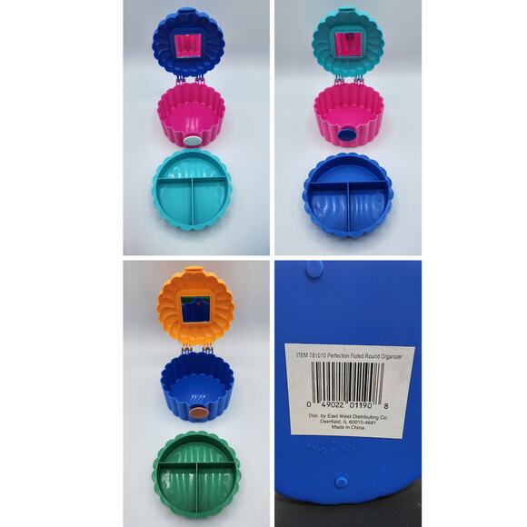 Round Plastic Multi-Colored Jewelry Makeup Case Organizer, Carry Handle, Mirror - Picture 12 of 12